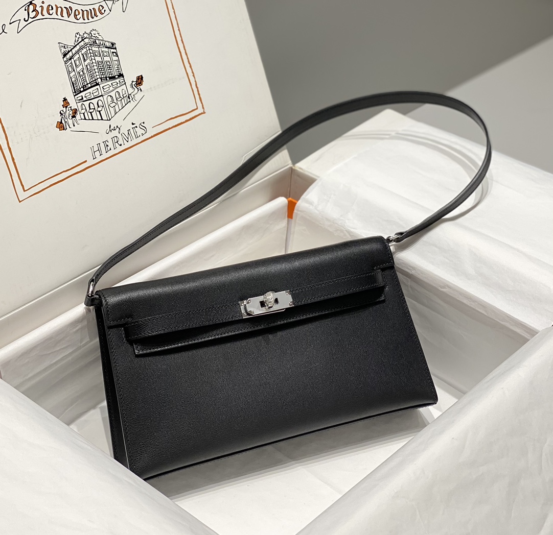 Hermes Kelly Elan Shoulder Bag in Black Epsom Leather 